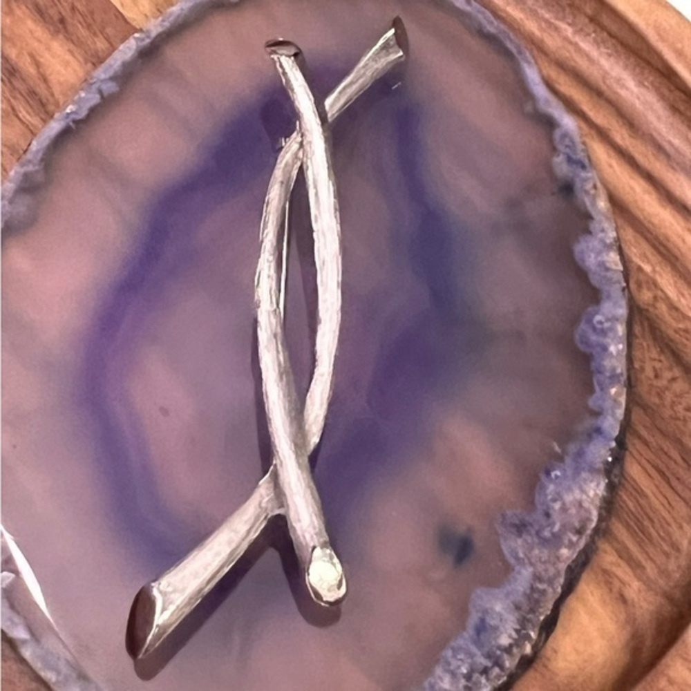 Vintage Signed Judy Lee Brooch Brushed‎ Silver Tone Modernist Twig Pin Nature